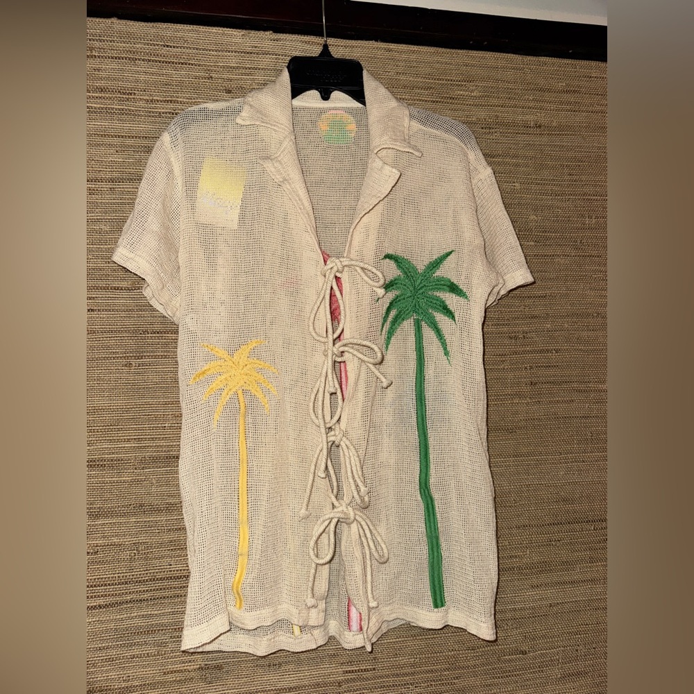 Maaji Cream Sheer knit crochet Palm Embroidered Cover-Up collared top one size - Picture 2 of 5